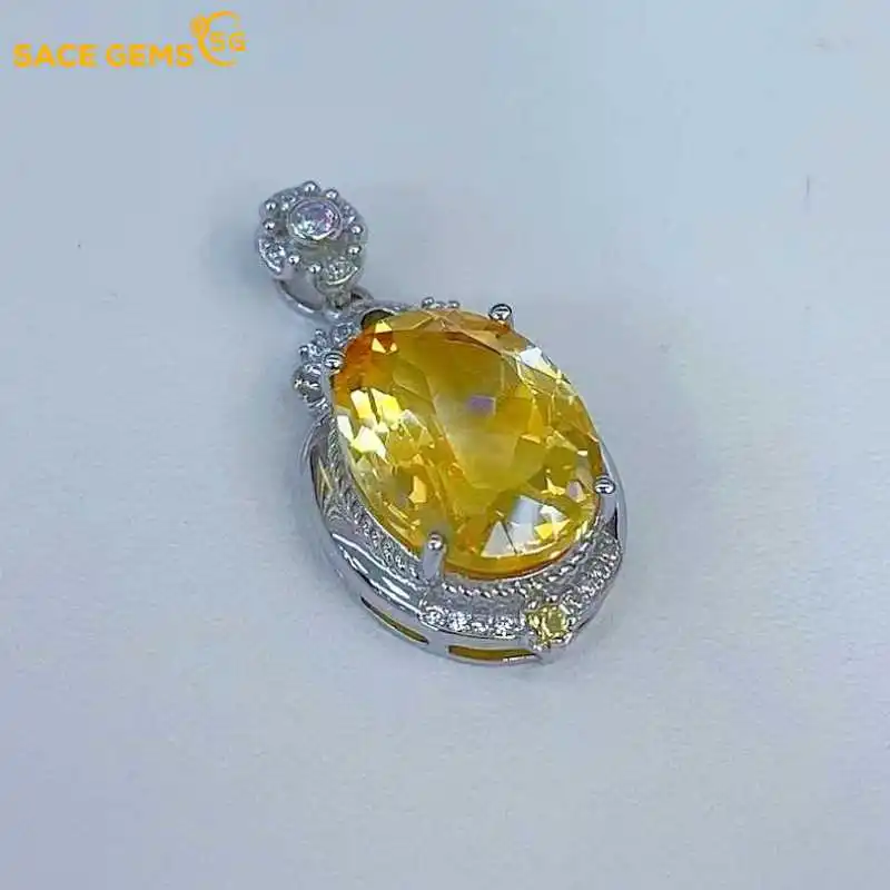

SACEGEMS 925 Sterling Silver Certified 12*16MM Natual Citrine Pendant Necklaces for Womne Engagement Cocktail Party Fine Jewelry