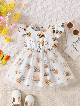 Single-Piece Baby Girl Casual Dress for Spring and Summer, Cute Style, Milk Silk, Fun Cartoon Bee Digital Print Pattern, Mesh Baby Girl Dress 1
