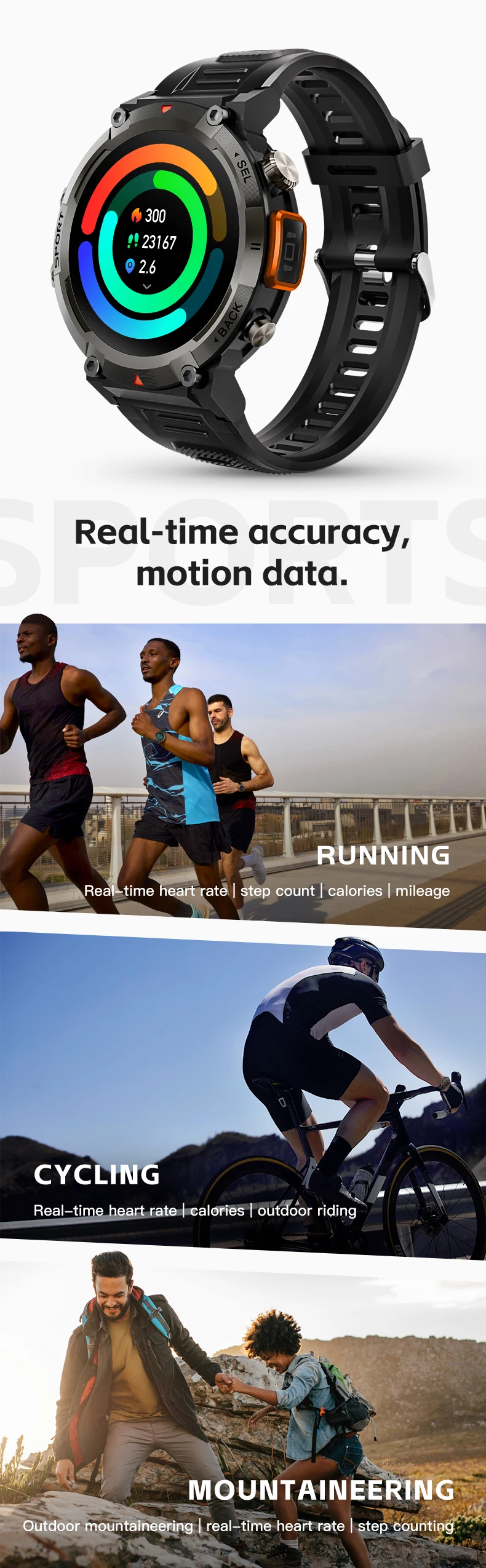 Montre connectée de sport pour hommes avec lampe de poche, moniteur de tension artérielle | Étanchéité IP67 pour Android IOS