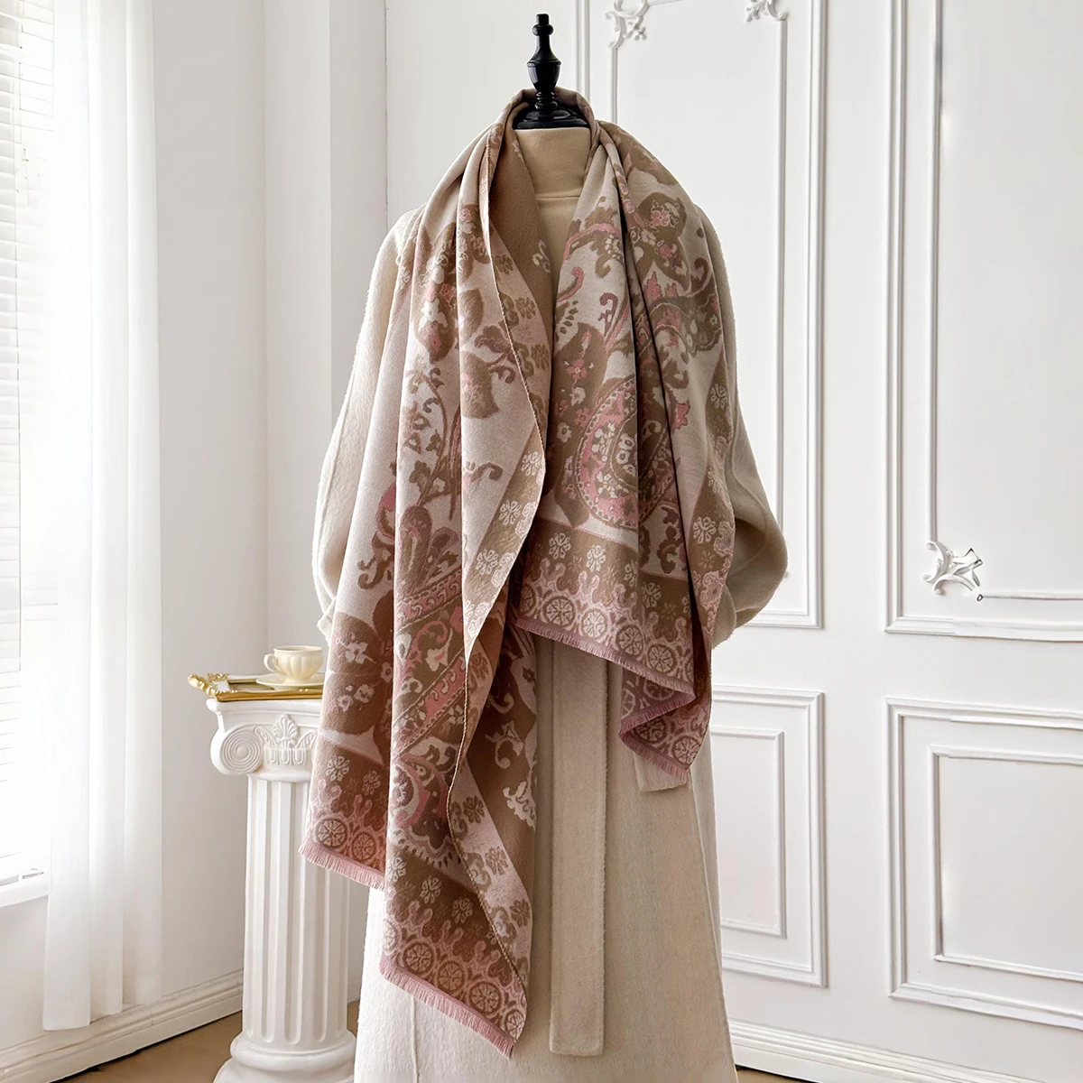 Brand Fashion Winter Cashmere Shawl for Women - Tasseled Flower Printed Pashmina Scarf, Thick Warm Wrap & Poncho