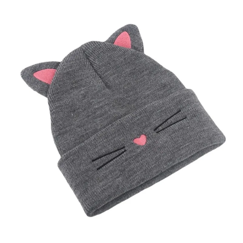 Baby Cartoon Embroidery Cat Ears Kids Knitted Hat Warm Cute Beanie for 1-6years Old Boys Girls Kids Cotton Caps Accessories