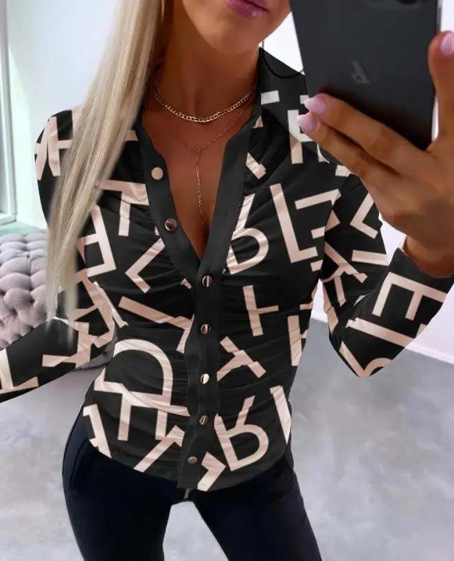 

Woman Casual Blouses New Fashion Skinny Shirt for Women Letter Print Ruched Buttoned Female Long Sleeve Top