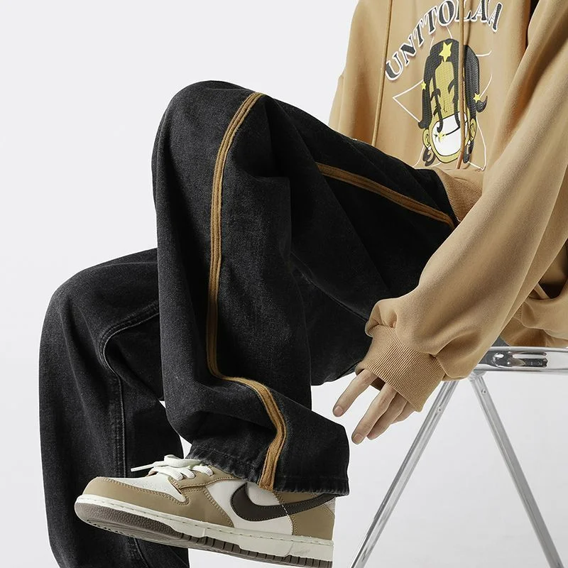 American High Street Trend Fashion Street Wide Jeans Men's Drawstring Pocket Patchwork Folds Washed Casual Loose Straight Pants