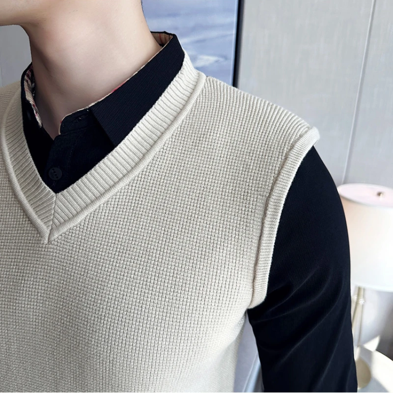 Fake 2 Pieces Shirt Collar Men's Winter High Quality Sweater Vest/Male Slim Fit Fashion Knitted Pullover/Man V-neck Sweaters 3XL