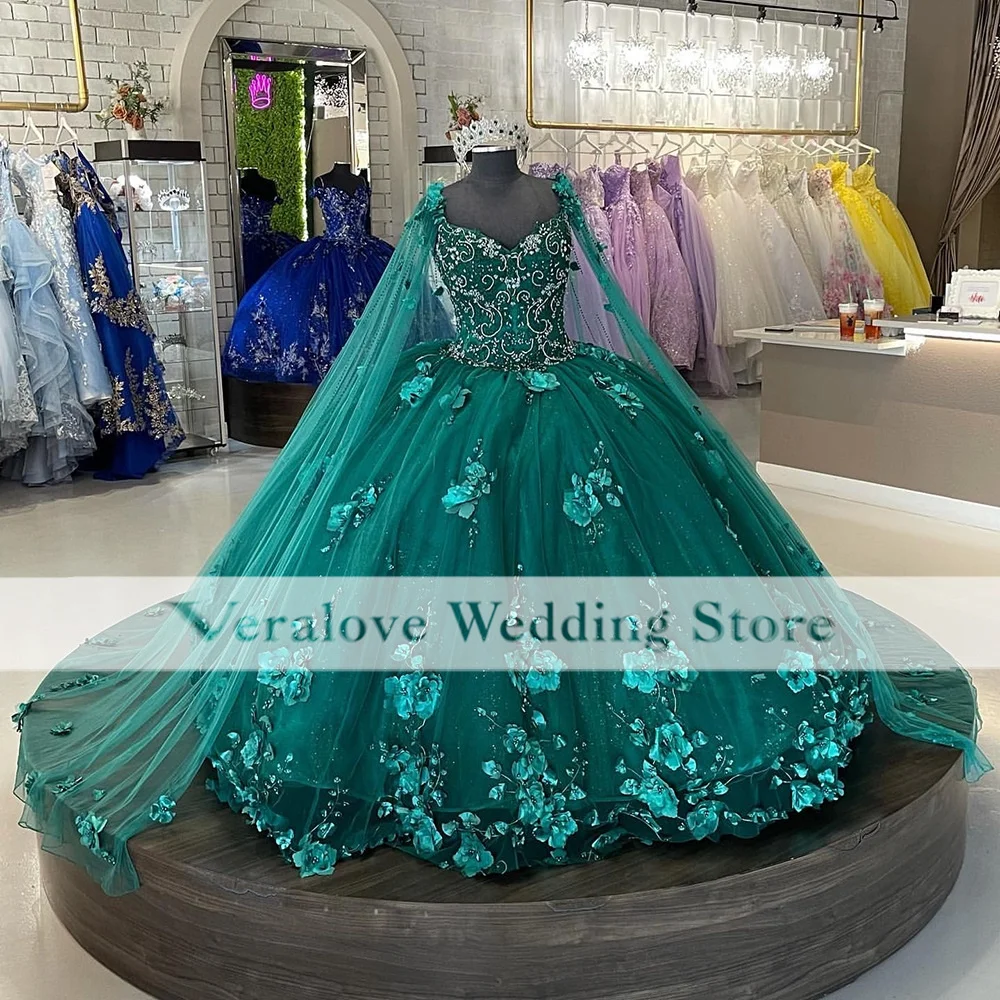 

Dark Green Quinceanera Dresses Ball Gown Birthday Party Dress Lace Up Graduation Gown With Cape quinceanera de 15 anos 2022
