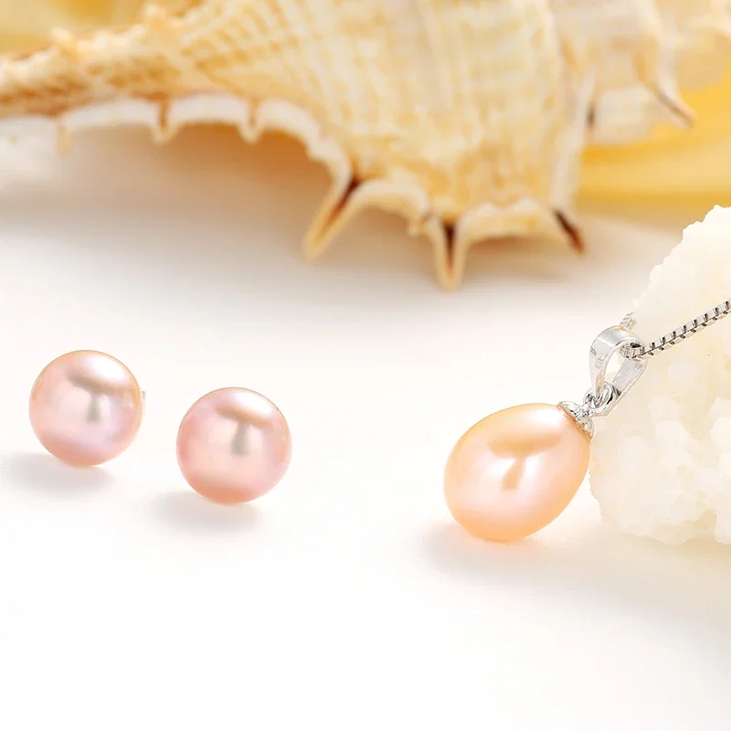 8-9mm 925 sterling silver earring and pendant necklace set for women party bridal jewelry set freshwater pearl