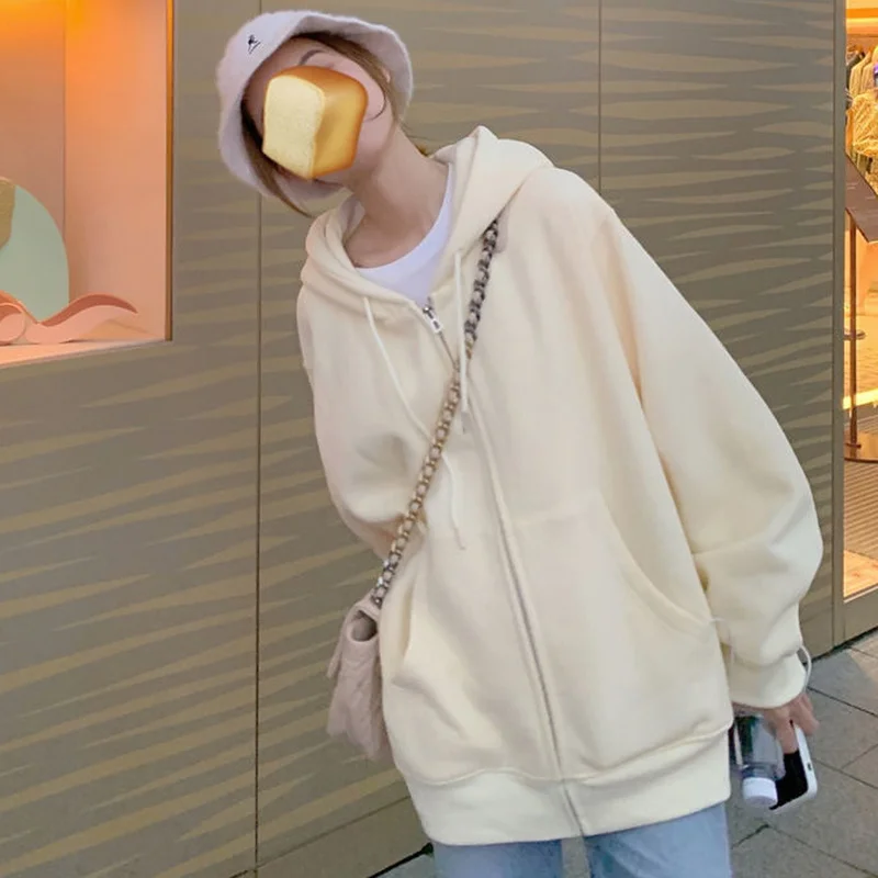 

Zip-up Hoodies Women Spring With Hat Harajuku Fashion Sweet Japanese Pockets Simple Cute Tender Zipper Elegant Loose All-match
