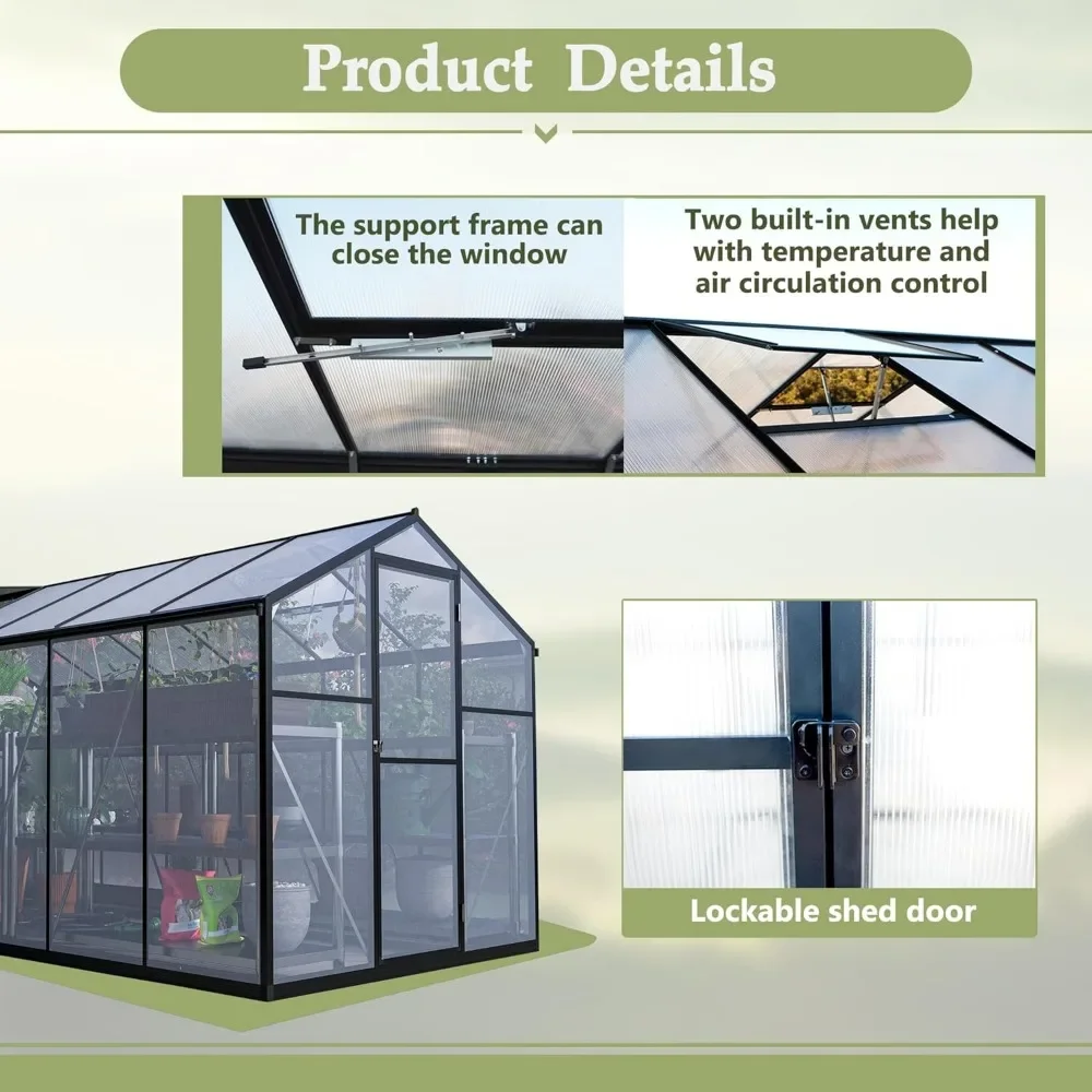 6x12 FTGreenhouse for Outdoors, with Lockable Door and Adjustable Roof Vent, Outdoors Greenhouse 4