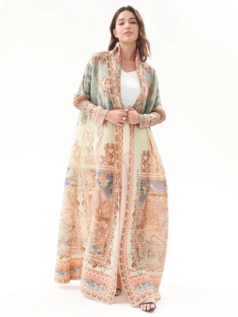 Miyake Pleated Turndown Collar Vintage Printed Long Sleeve Dress Women 3 Miyake Pleated Turndown Collar Vintage Printed Long Sleeve Dress Women 3