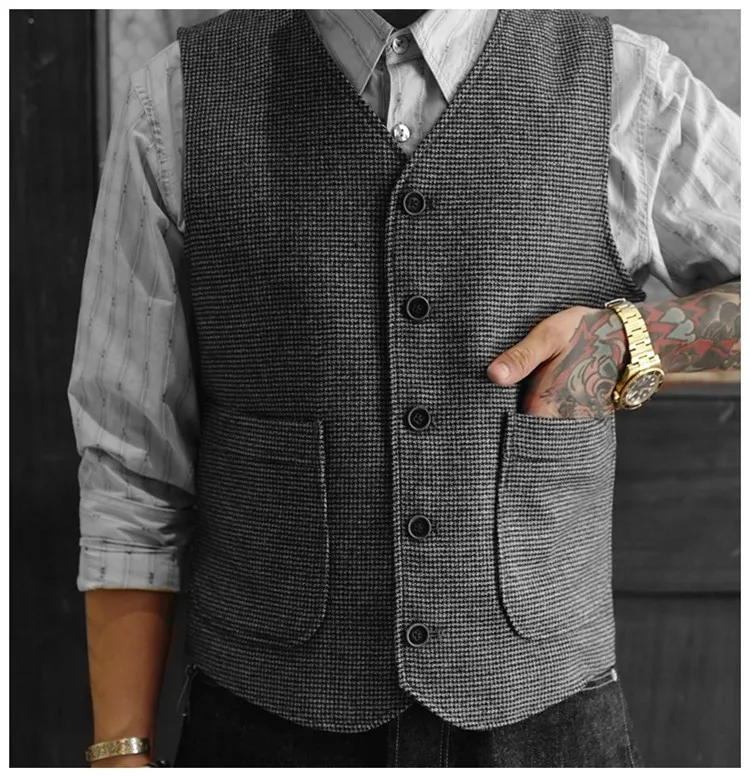 Neue Herbst und Winter American Classic Retro Tweed Hahnentritt Weste Wolle Elegante Tweed Herren Plus Size Casual – Detail 5