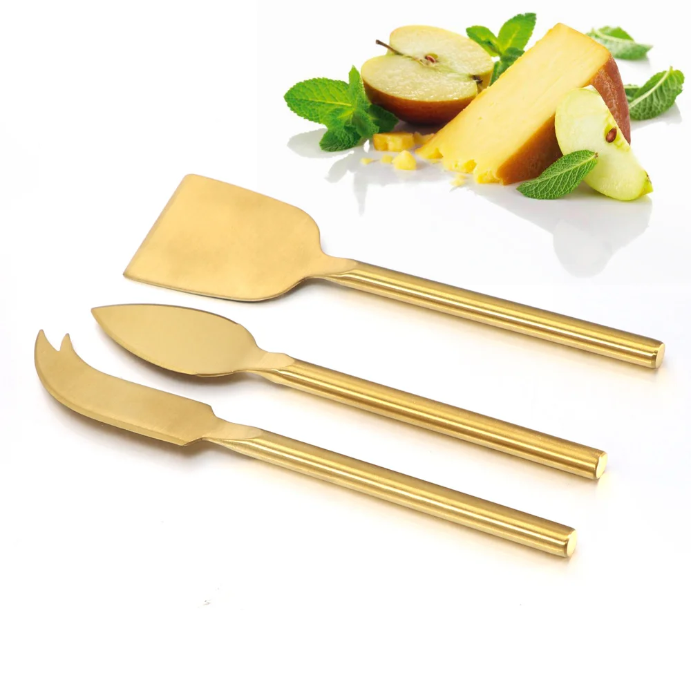 Jaswehome 3pcs Cheese Knives Set Full Stainless Steel Fork Tipped Spear Flat Cheese Knife Small Spade Butter Cutter Tools