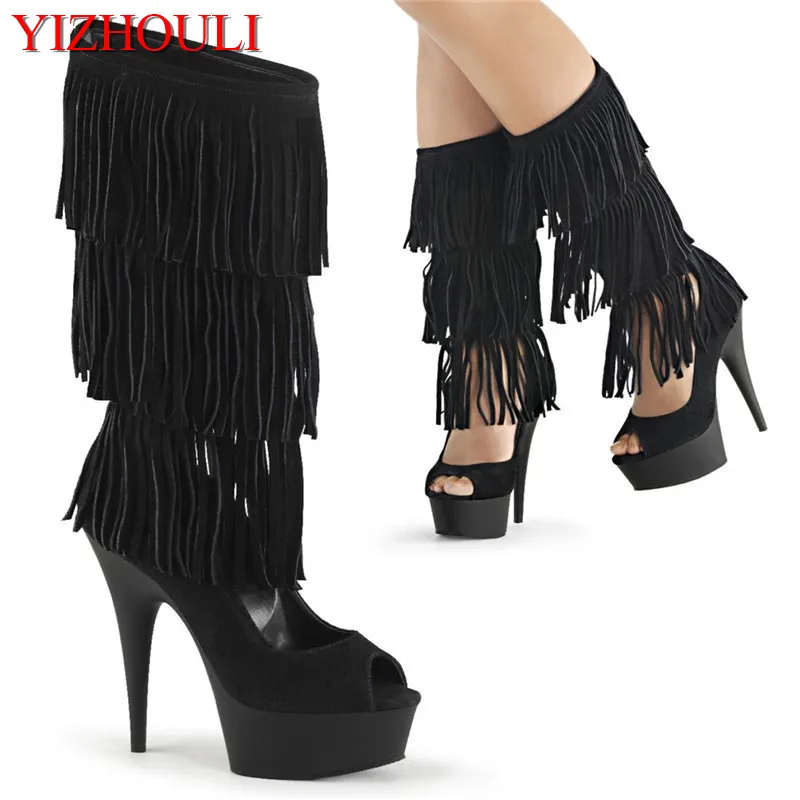 15cm high heel, evening wear high boots, 6 inch high heel suede tassel upper, evening dance pole dance sexy high dance shoes