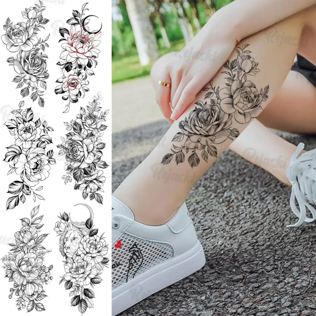 

Large Flower Temporary Tattoos For Women Girls Realistic Lion Moon Dahlia Flora Fake Tattoo Sticker Leg Arm Tatoos Waterproof