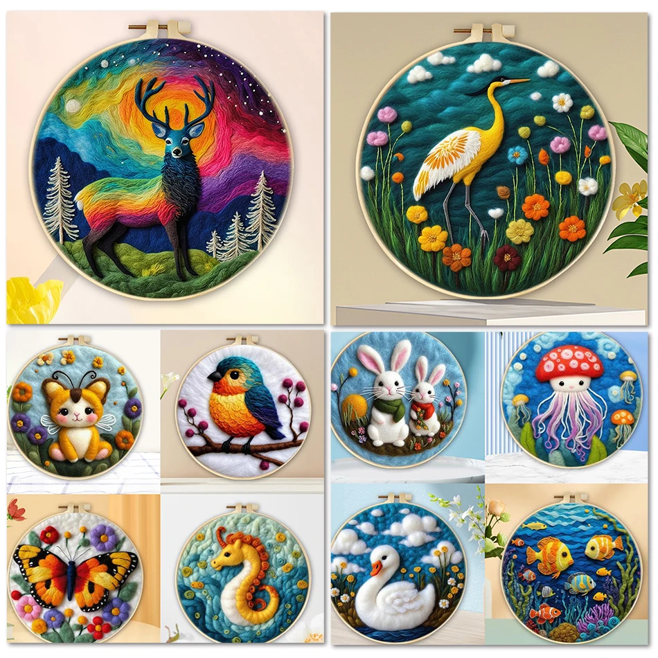 

Needle Felting Painting With Frame Kit For Beginner Animal DIY Wool Needle Felt Starter Kit Home Decoration Art Craft