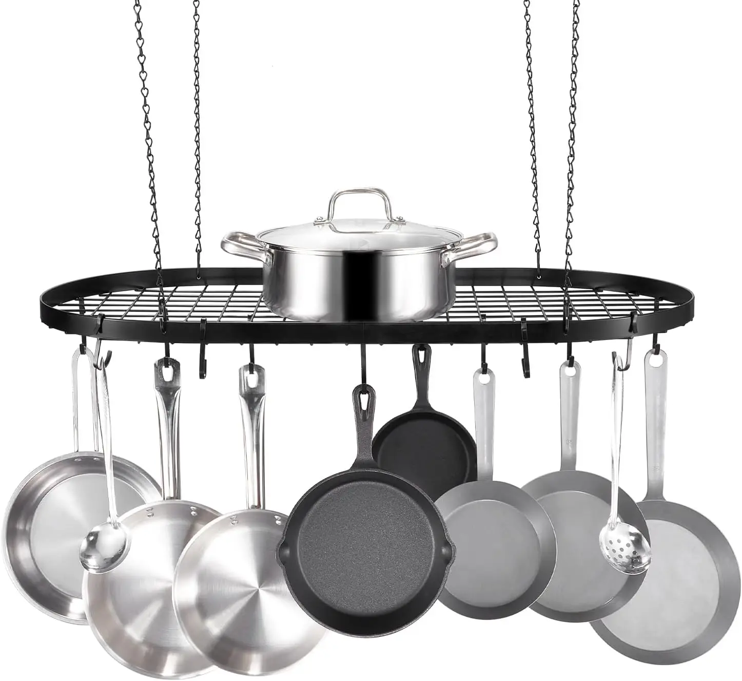 

Black Carbon Steel Ceiling Mounted Pot Rack with 12/20 Hooks, 80 lbs Load Capacity, Ideal for Home, Restaurant, Kitchen Cookware