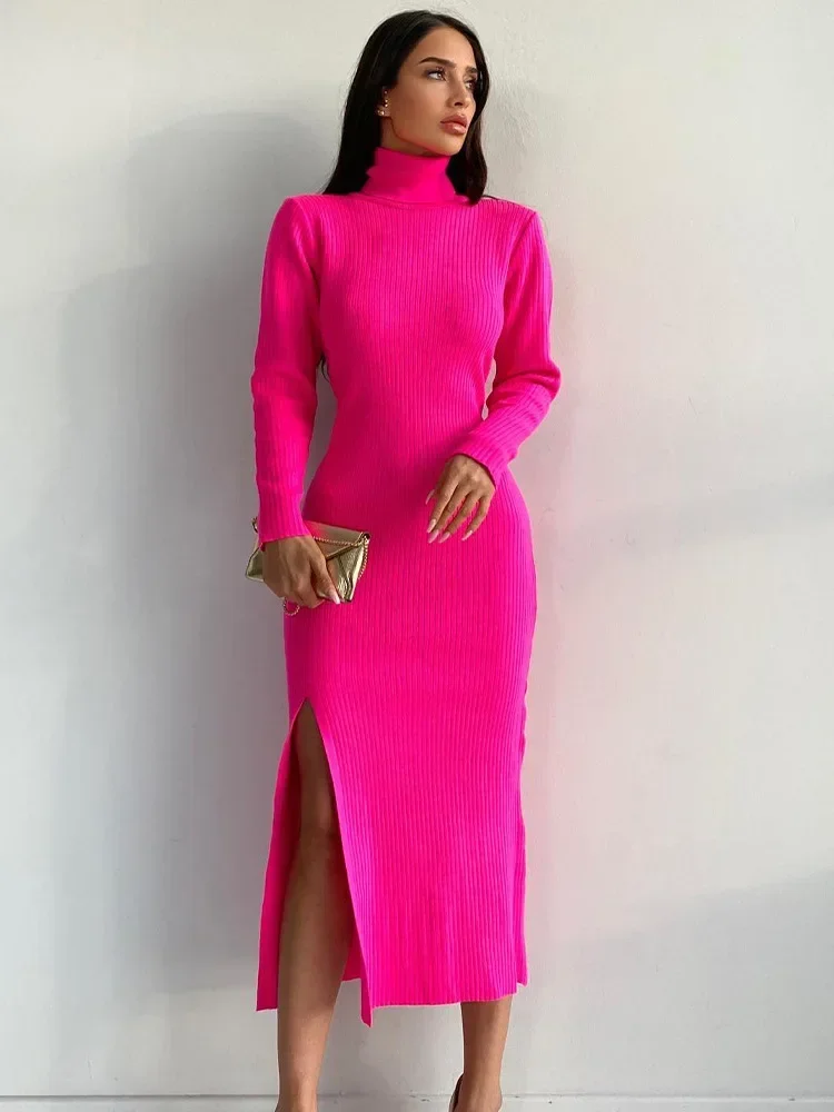 

Laxsesu Bodycon Knitted Dresses Turtleneck Long Sleeve Knitted Dress Autumn Winter Elegant Party Evening Midi Dresses for Women