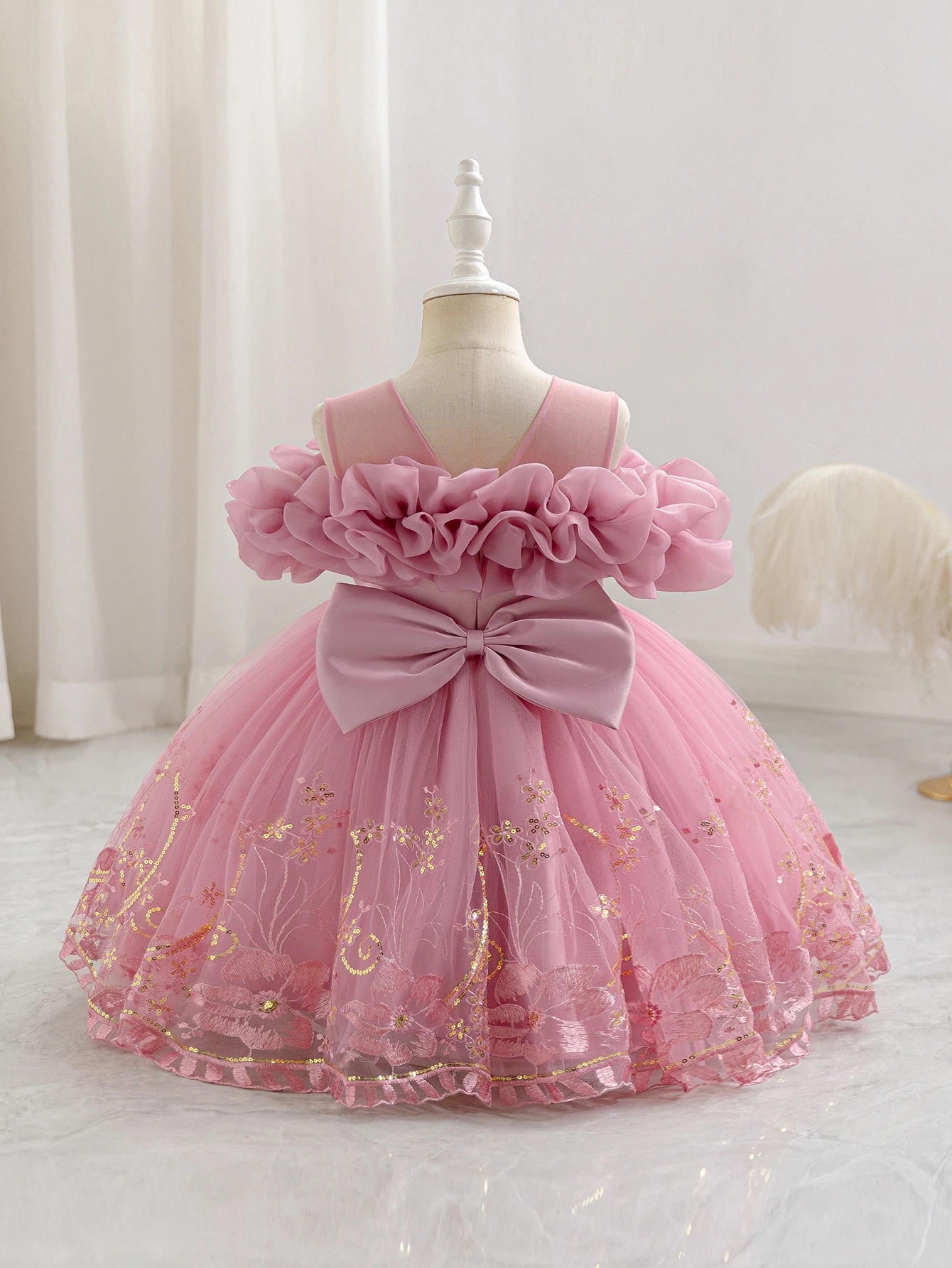 Kinderkleid, Einschultriges Kleid, Geburtstagsparty-Prinzessinnenkleid, Einfarbig, Hochzeit, Erster Geburtstag, Festtagskleid, Weihnachten – Detail 8