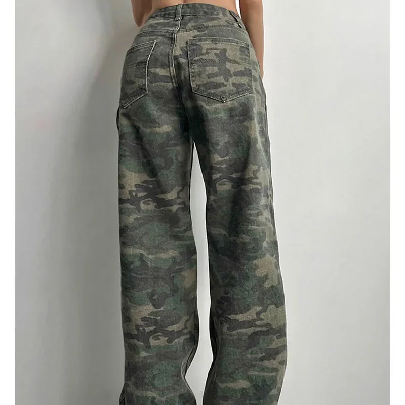 Camouflage Cargo Pants Women Y2K Streetwear Low Rise Jeans Retro Wide Leg Trousers Denim Straight Trousers Harajuku