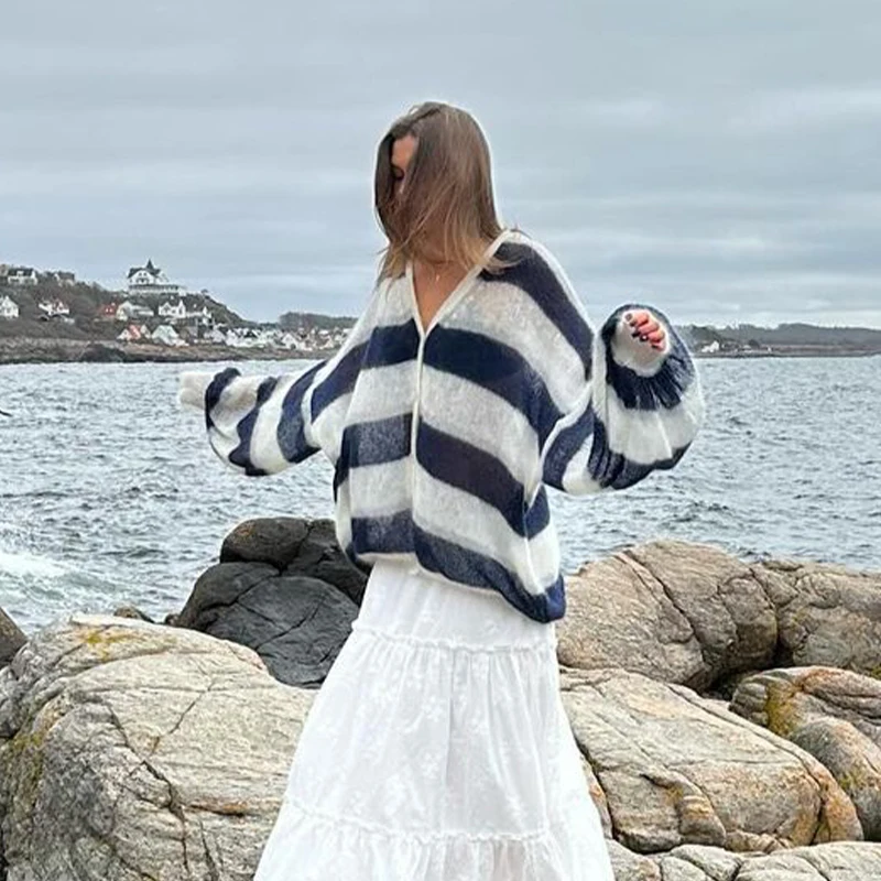 Loose Mohair Striped V-neck Cardigan Women With Scarf Fashion Lantern Sleeve Single Breasted Knitwear Casual Lady New Streetwear