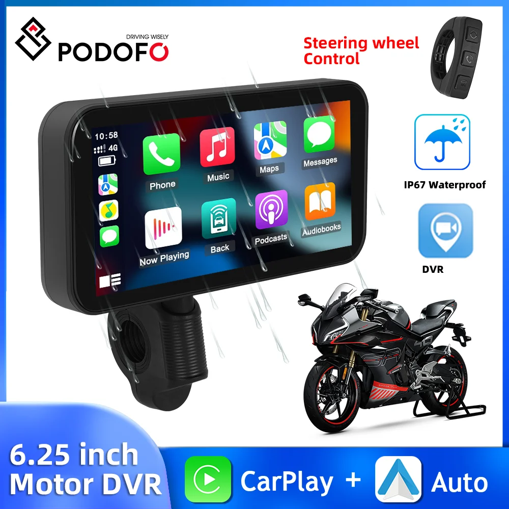 Podofo 모터 카플레이, 안드로이드 자동 스마트 플레이어, IP67 방수, GPS 네비게이션, 오토바이 모터 모니터, 대시 캠, 6.25 인치