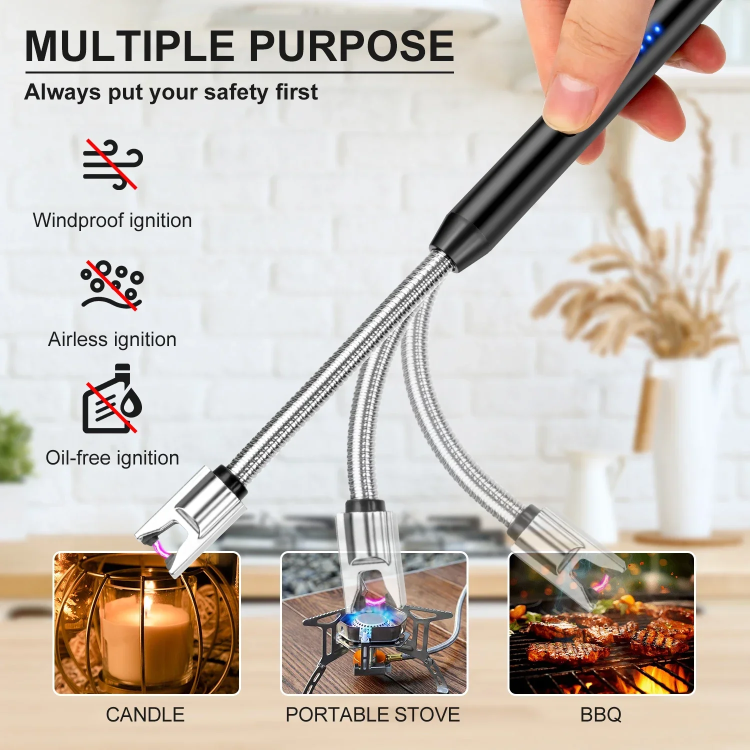 2 Pack Candle Arc Windproof Touch Lighter, USB Rechargeable Lighter with LED Battery Display, Gas Stove Long Lighters 6