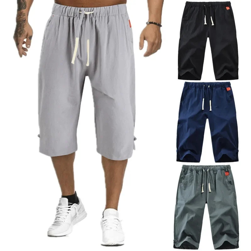 New Summer Men's Linen Casual Pants Sport Shorts Solid Color Straight Seven-Five Pants Skateboard Sport Long Trousers