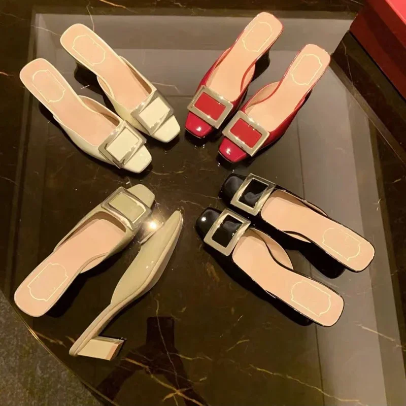 

Lacquer Leather Square Head Shallow Mouth Muller Square Buckle Thick Heel Middle Heel Baotou Women's Slippers