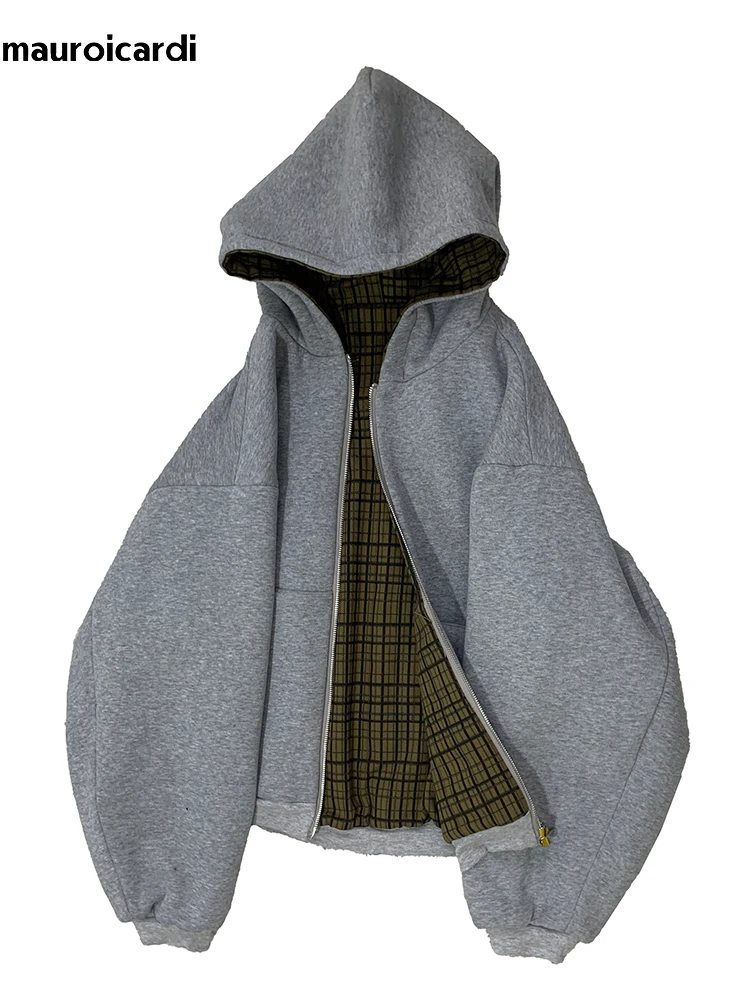 Mauroicardi Autumn Oversized Reversible Hoodies Men Loose Casual Luxury Designer Clothes Hoodie with Plaid Lining Sweatshirt