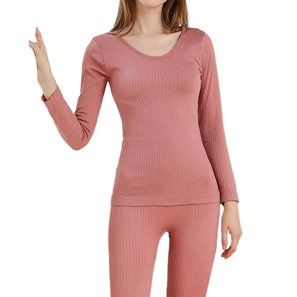

2pc Women Warm Underwear Winter Thin Fleece Bottoming Top Thick Double Layer Lingerie Casual Skin-Friendly Long Johns Solid Set