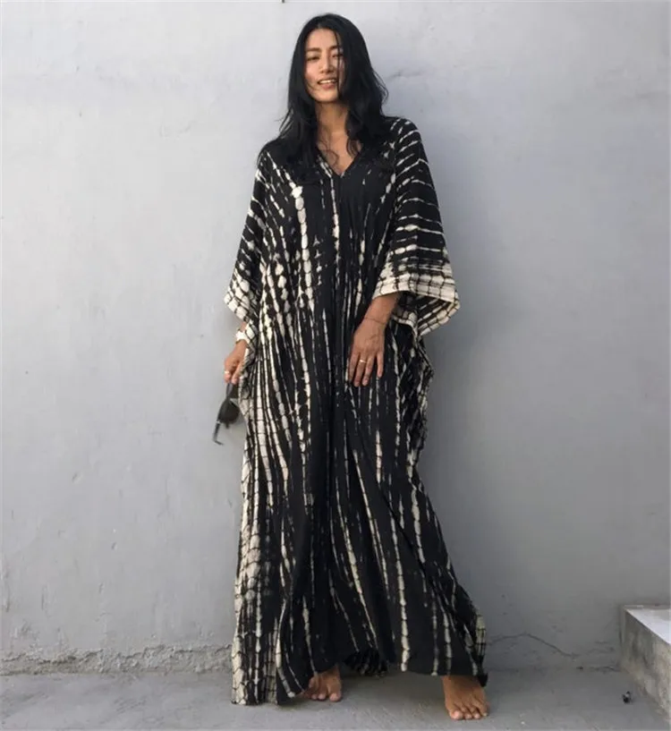 2023Summer Bohemian Striped Print Women Beach Dress Bathing Suit Cover Up Summer Tunic for Woman Beachwear Robe De Plage Kaftan