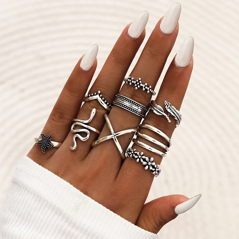 

Punk Gothic Snake Heart Angel Ring Set for Women Yin and yang Vintage Spades Ace Silver Color Plated Retro Charm Finger Jewelry