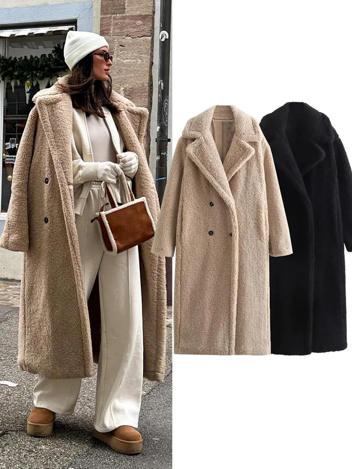 HH Vintage Teddy Long Coat Women Autumn Winter Lapel Chic