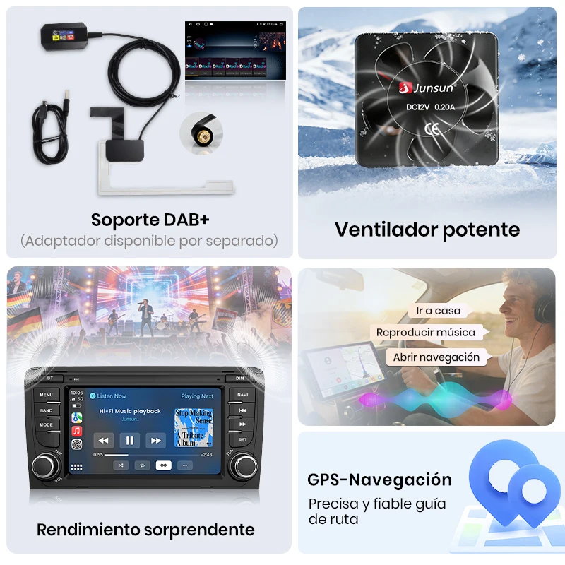Radio para coche Junsun de 7'' con CarPlay inalámbrico y Android Auto para Audi A3 8P S3 RS3 2003-2012, 2DIN, GPS, multimedia, estéreo, SWC, BT, FM, RDS, DSP, pantalla IPS, sistemas inteligentes para coche, Plug & Play, español local 3