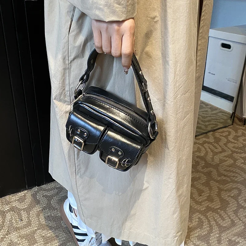 左側ダブルポケットミニレトロPUレザーショルダーバッグ レディース