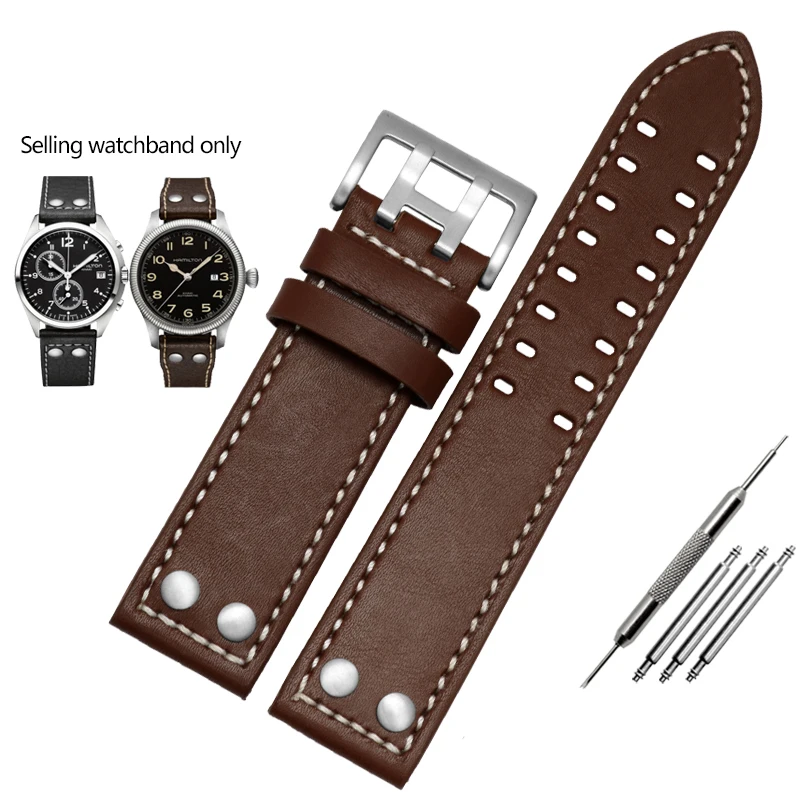 thumbnail image 1 of Correa de reloj de cuero genuino para Hamilton Khaki Aviation Field Series, correa de reloj para hombre, correa con remaches, marrón, 20 mm, 22 mm, 1 of 5