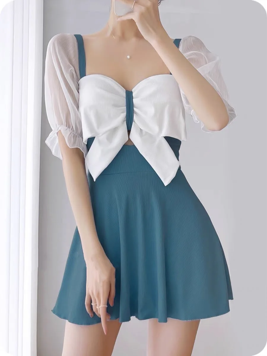 

Two Pieces Women Swimsuit with Short Sleeves 2022 New Korean Bowknot Skirt Swimwear Girl Sexy Push Up Shorts Summer Bathing Suit