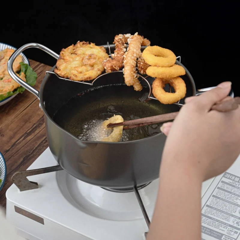 Household Deep Frying Pan Non-stick Pan with Filter Induction Cooker Gas Stove Universal Easy-to-dump Iron Double Ear