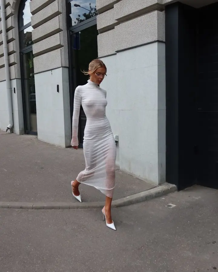 Elegant Long Sleeved Sweater Knit Dress Women Stretch Tight Striped Bodycon Party Evening Dress Fashiona Street Vestido