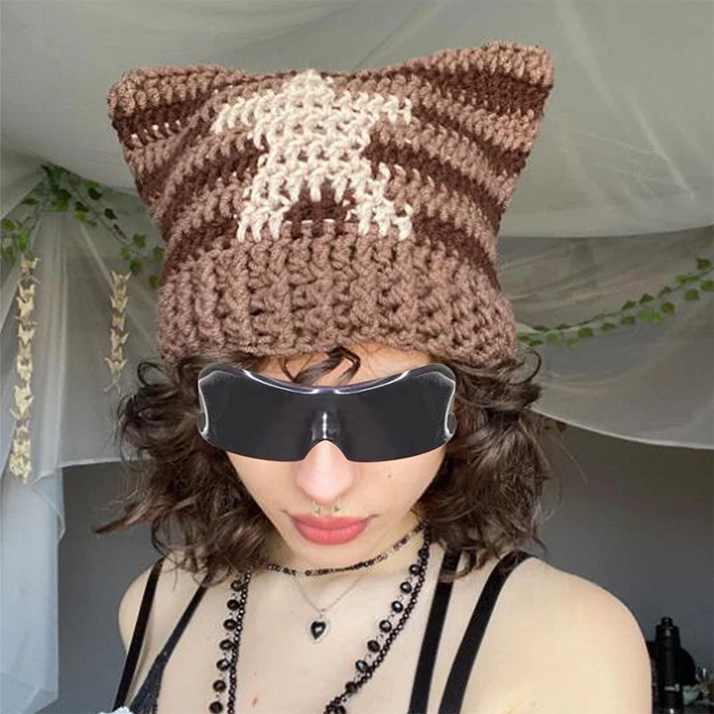 

Women Y2K Handmade Knitted Crochet Hat Cute Stars Pattern Cat Ear Devil Cap Autumn Winter Warm Beanie Caps