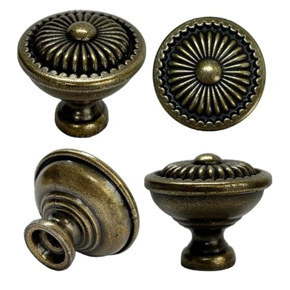 Antique Brass Cabinet Knobs Round Vintage Metal Cabinet Pulls For Dresser Drawer Kitchen Cabinet Door Handle Single Hole 10PCS