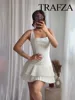 TRAFZA Women Summer Square Collar Sleeveless Solid Mini Dress Woman Elegant Chic High Street Slim Short Dress Pleated Dress 3