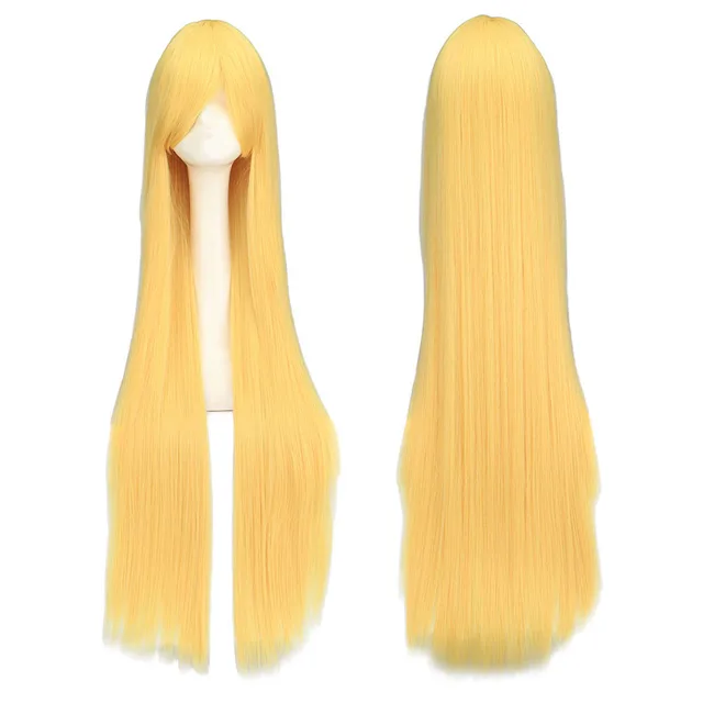 QQXCAIW Long Straight Cosplay Wig Black Purple Black Red Pink Blue Dark Brown 100 Cm Synthetic Hair Wigs lemon yellow