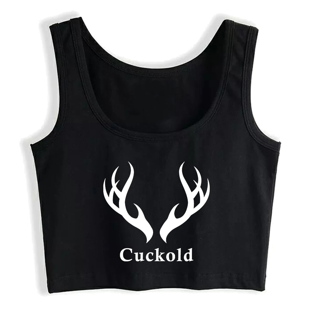 

Cuckold Antlers Print Graphic Sexy Slim Crop Top Hotwife Humorous Fun Flirting Style Tank Tops Swinger Naughty Training Camisole