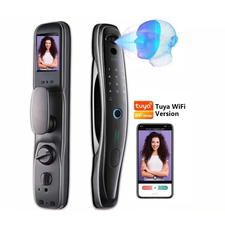 

2022 Aluminum alloy keyless WIFI 3D Biometrics facial face recognition door lock Tuya camera smart lock