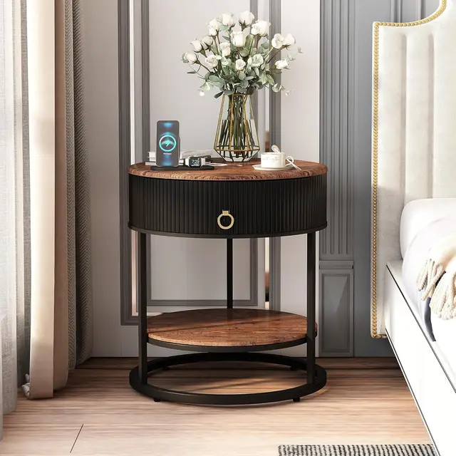 Round End Table with Drawer, Modern Wood Grain Side Table with Shelf, 2-Tier Nightstand with Drawer for Living Room, Bedroom 1