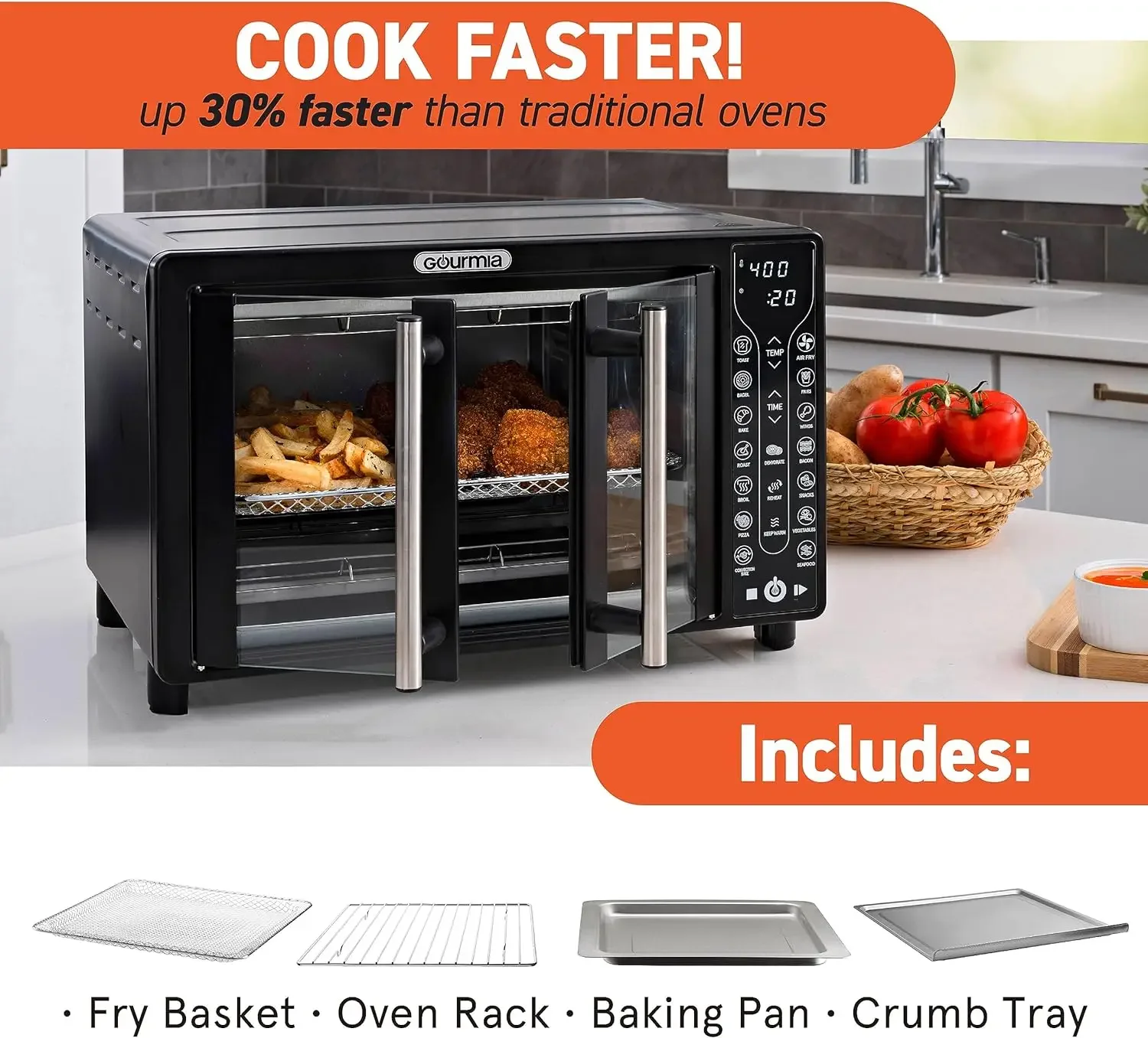 New Toaster Oven Air Fryer Combo 17 Cooking Presets 1700W French Door Digital Air Fryer Oven 24L Capacity Accessories 6