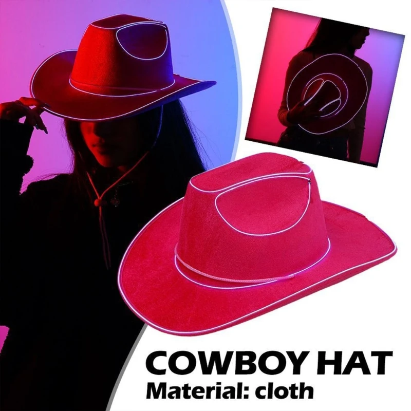 Flashing Pink Cap Wide Brim LED Cowgirl Hat Night Club Costume Hat Party