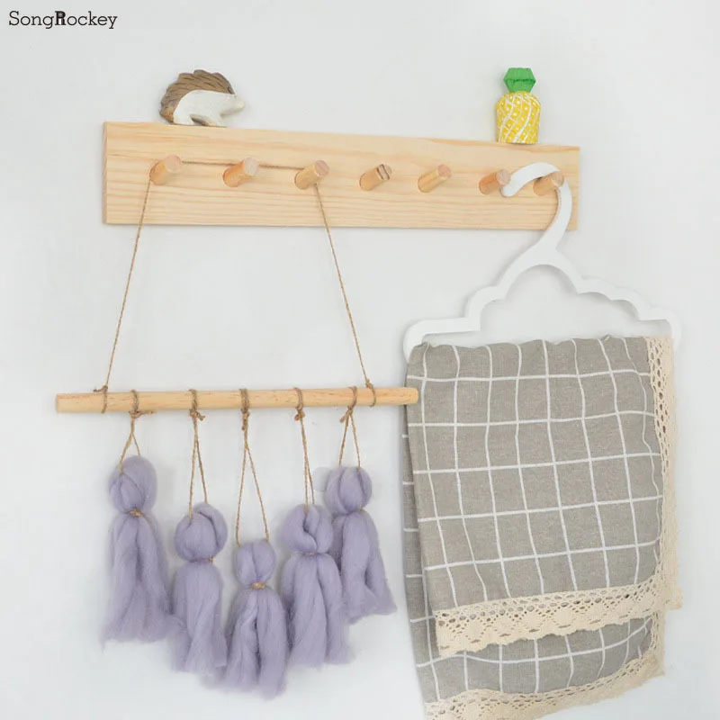 Storage Rack Nordic Decorative Storage Rack Wooden Hooks Creative Coat Rack Children's Room Decoration Wall Shelf Room Organizer Hanger