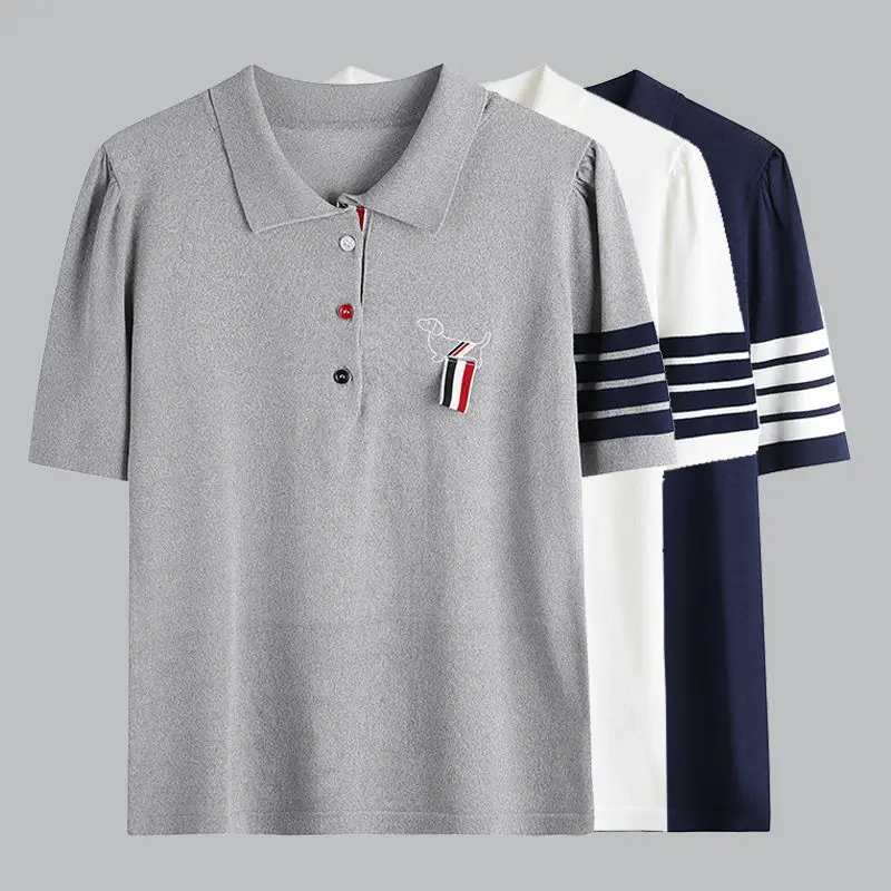 

2024 Summer New Polo Collar Fashion TB Dog Colorful Ribbon Four Color Knitted Short sleeved Shirt Women's Top