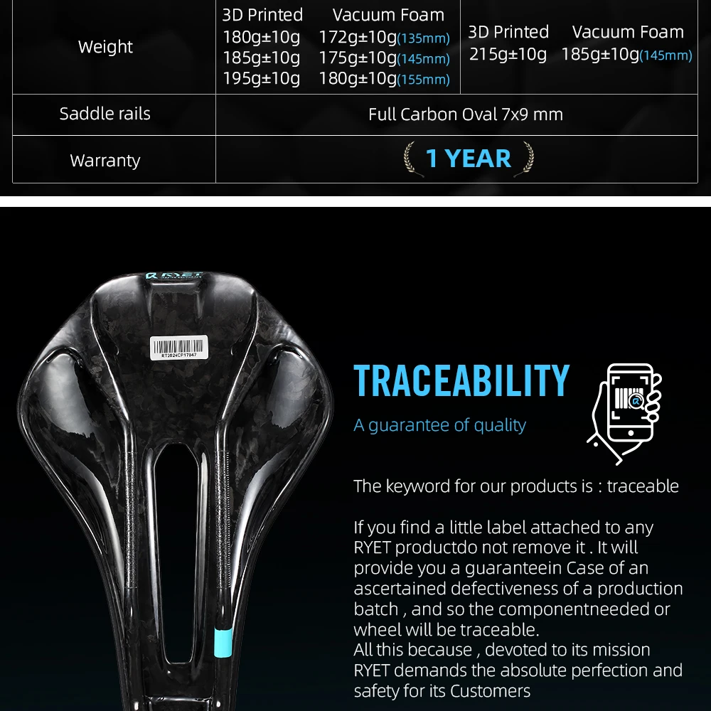 2026 RYET 3D-Gedruckter Carbon-Fahrradsattel 245x135/145mm für MTB Gravel Rennrad Ergonomischer Rennsattel Hohltechnologie Fahrradsitz – Detail 7